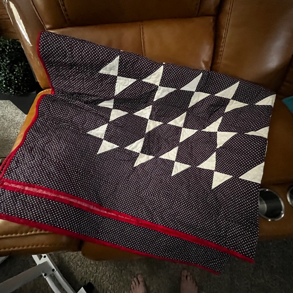 Handmade Navy and White Patchwork Throw Blanket with Red Trim 70” x 58”